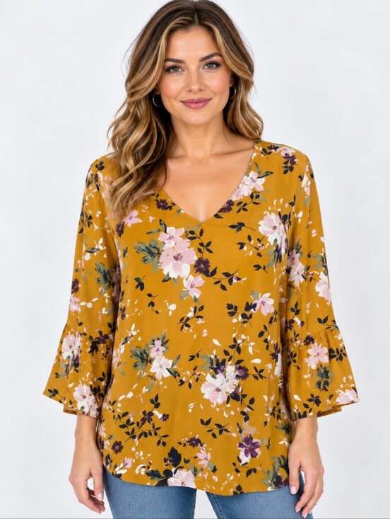 J. Jill Tops - J.Jill Floral Tunic Top Women XS Mustard Yellow V Neck Bell Sleeve Rayon